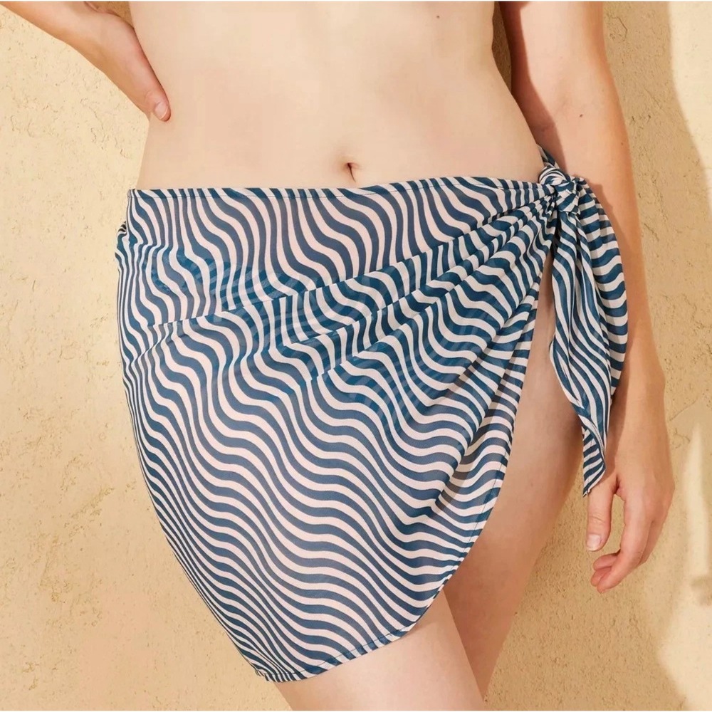 Shade & Shore Womens Blue Wavy Stripe Sarong Swim Cover Up Side Tie Mini Wrap XL